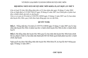 Nghị quyết 17/2007/NQ-HĐND phân loại đơn vị hành chính huyện Hóc Môn