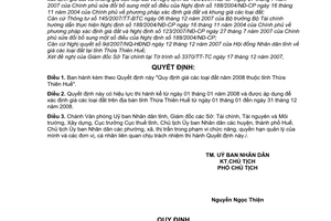 Quyết định 2838/2007/QĐ-UBND quy định đất năm 2008 tỉnh Thừa Thiên Huế