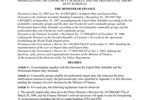 Decision No. 106/2007/QD-BTC of December 20, 2007 promulgating the export duty schedule and the preferential import duty schedule