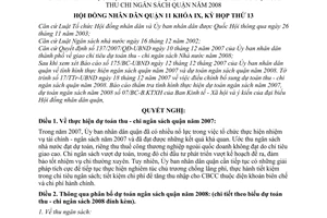 Nghị quyết 09/2007/NQ-HĐND tình hình thực hiện ngân sách quận năm 2007 và phân bổ dự toán thu chi ngân sách quận năm 2008