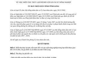 Quyết định 26/2007/QĐ-UBND miễn thu thuỷ lợi phí sản xuất nông nghiệp Vĩnh Long