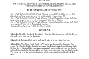 Quyết định 78/2007/QĐ-BGDĐT Quy định việc thẩm định chương trình giáo dục giáo trình trường trung cấp chuyên nghiệp