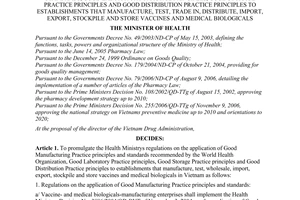 Decision No. 47/2007/QD-BYT of December 24, 2007, on the application of good manufacturing practice principles and standards, good laboratory practice principles, good storage practice principles and good distribution practice principles to establishments that manufacture, test, trade in, distribute, import, export, stockpile and store vaccines and medical biologicals.