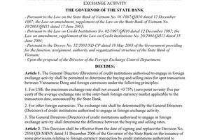 Decision No. 3039/QD-NHNN of December 24, 2007, on the issuance of some provisions relating to foreign currency transaction by credit institutions authorised to engage in foreign exchange activity