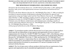 Decision No. 08/2007/QD-BTTTT of December 24, 2007, promulgating the list of open-source software products which meet the use requirements of state agencies and organizations.
