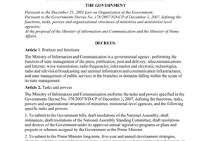 Decree No. 187/2007/ND-CP of December 25, 2007, defining the functions, tasks, powers and organizational structure of the Ministry of Information and Communication.