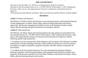 Decree No. 185/2007/ND-CP of December 25, 2007, defining the functions, tasks, powers and organizational structure of the Ministry of Culture, Sports and Tourism.