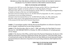 Decision No. 48/2007/QD-NHNN of December 26, 2007, promulgating the regulation on collection of payment service charges via payment service-providing institutions.