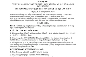 Nghị quyết 133/2007/NQ-HĐND sử dụng nguồn tăng thu ngân sách năm 2007 và dự phòng ngân sách năm 2007quận Bình Tân