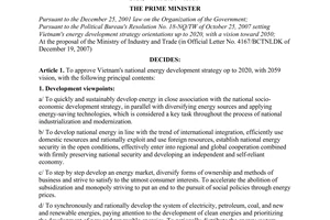 Decision No. 1855/QD-TTg of December 27, 2007, approving Vietnam's National energy development strategy up to 2020, with 2050 vision.
