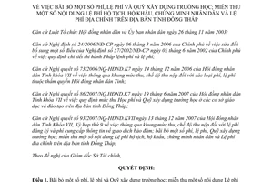 Quyết định 65/2007/QĐ-UBND bãi bỏ phí lệ phí quỹ xây dựng trường học hộ tịch hộ khẩu chứng Đồng Tháp