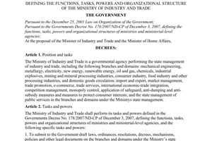 Decree No. 189/2007/ND-CP of December 27, 2007, defining the functions, tasks, powers and organizational structure of the Ministry of Industry and Trade.
