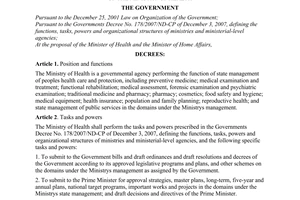 Decree No. 188/2007/ND-CP of December 27, 2007, defining the functions, tasks, powers and organizational structure of the Ministry of Health.