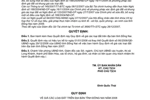 Quyết định 69/2007/QĐ-UBND Quy định giá đất tỉnh Đồng Nai năm 2008