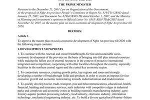 Decision No.197/2007/QD-TTg of December 28, 2007 approving the master plan on socio-economic development of Nghe An province till 2020