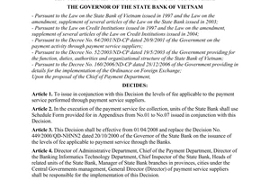 Decision No. 50/2007/QD-NHNN of December 28, 2007, on the issuance of the levels of fee applicable to the payment service performed through payment service suppliers
