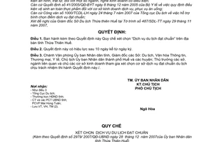 Quyết định 2979/2007/QĐ-UBND quy chế xét chọn dịch vụ du lịch đạt chuẩn tỉnh Thừa Thiên Huế