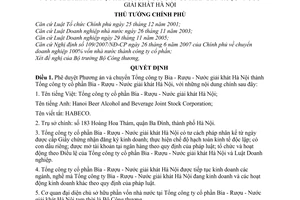 Quyết định 1863/QĐ-TTg phê duyệt Phương án chuyển Tổng công ty Bia Rượu Nước giải khát Hà Nội thành Tổng công ty cổ phần
