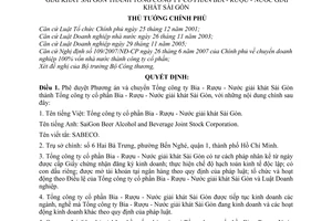 Quyết định 1862/QĐ-TTg phê duyệt phương án chuyển Tổng công ty bia rượu nước giải khát Sài Gòn thành Tổng công ty cổ phần
