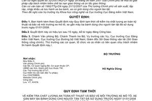 Quyết định 62/2007/QĐ-BGTVT tạm thời kiểm tra chất lượng an toàn kỹ thuật bảo vệ môi trường xe mô tô gắn máy ba bánh cho người tàn tật đã qua sử dụng