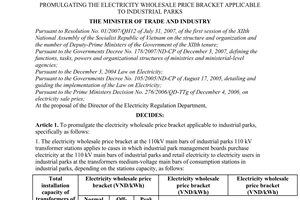 Decision No. 15/2007/QD-BCT of December 31, 2007, promulgating the electricity wholesale price bracket applicable to industrial parks.