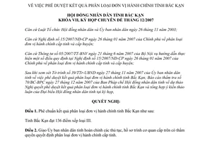 Nghị quyết 28/2007/NQ-HĐND phê chuẩn kết quả phân loại đơn vị hành chính Bắc Kạn