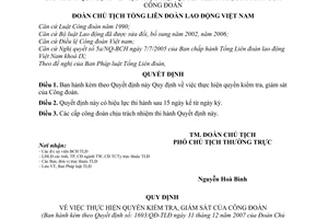 Quyết định 1693/QĐ-TLĐ thực hiện quyền kiểm tra, giám sát Công đoàn