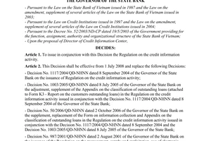 Decision No. 51/2007/QD-NHNN of December 31, 2007, on the issuance of regulation on the credit information activity