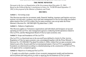 Decision No.185/2007/QD-TTg of December 03, 2007 on the organization and operation of Chu Lai free-trade area within Chu Lai open economic zone, Quang Nam province