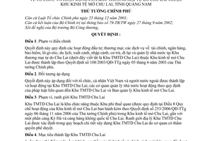 Quyết định 185/2007/QĐ-TTg tổ chức hoạt động khu thương mại tự do Chu Lai thuộc khu kinh tế mở Chu Lai, tỉnh Quảng Nam