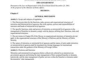 Decree of Government No.178/2007/ND-CP of December 03, 2007 defining the functions, tasks and organizational structures of ministries and ministerial-level agencies
