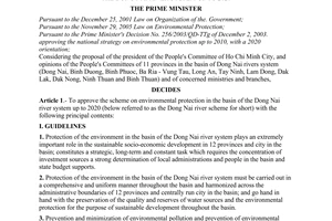 Decision No. 187/2007/QD-TTg of December 03, 2007, approving the scheme on environmental protection in the basin of the Dong Nai river system up to 2020