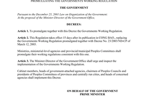 Decree No. 179/2007/ND-CP of December 3, 2007, promulgating the governments working regulation
