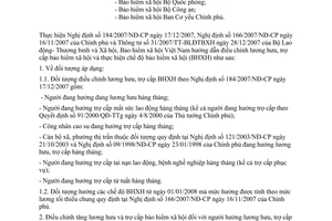 Công văn  08/BHXH-CĐCS  hướng dẫn thực hiện điều chỉnh lương hưu, trợ cấp bảo hiểm xã hội theo NĐ 184/2007/NĐ-CP và NĐ 166/2007