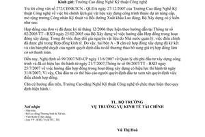 Công văn 08/BXD-KTTC bù chênh lệch giá vật liệu xây dựng công trình nâng cấp, mở rộng trường Công nhân Kỹ thuật và Bồi dưỡng Xuất khẩu Lao động