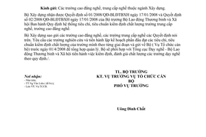 Công văn  49/BXD-TCCB quy định hệ thống tiêu chí, tiêu chuẩn kiểm định chất lượng trường cao đẳng nghề, trường trung cấp nghề