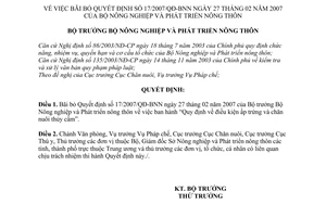 Quyết định 03/2008/QĐ-BNN  bãi bỏ QĐ 17/2007/QĐ-BNN