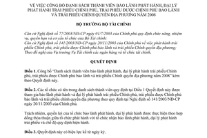 Quyết định 62/QĐ-BTC công bố danh sách thành viên bảo lãnh phát hành đại lý phát hành TPCP, TP được chính phủ bảo lãnh và TP địa phương 2008