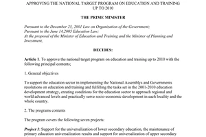 Decision No. 07/2008/QD-TTg of January 10, 2008, approving the national target program on education and training up to 2010.