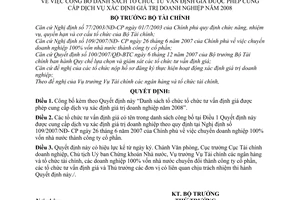 Quyết định  61/QĐ-BTC công bố danh sách tổ chức tư vấn định giá được phép cung cấp dịch vụ xác định giá trị doanh nghiệp  2008