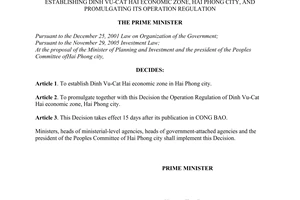 Decision No. 06/2008/QD-TTg of January 10, 2008, establishing Dinh Vu-Cat Hai economic zone, Hai Phong city, and promulgating its operation regulation.
