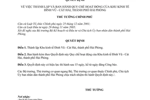 Quyết định 06/2008/QĐ-TTg  thành lập và ban hành quy chế hoạt động của khu kinh tế Đình Vũ - Cát Hải,  Hải Phòng