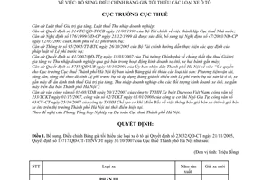 Quyết định  420/QĐ-CT-THNVDT  bổ sung, điều chỉnh bảng giá tối thiểu các loại xe ô tô