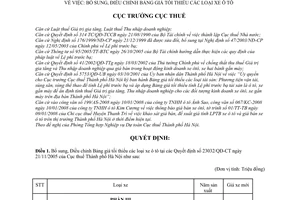 Quyết định  629/QĐ-CT-THNVDT  bổ sung, điều chỉnh bảng giá tối thiểu các loại xe ô tô