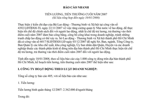 Báo cáo 179/SLĐTBXH-LĐ tiền lương thưởng cuối 2007
