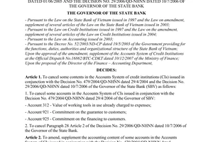 Decision No. 02/2008/QD-NHNN of January 15, 2008, on the amendment, supplement of several accounts in the accounts system of credit institutions issued in conjunction with the Decision No. 479/2004/QD-NHNN of April 29, 2004, the Decision No. 807/2005/QD-NHNN of June 01st, 2005 and the Decision No. 29/2006/QD-NHNN of July 10, 2006 of The Governor of The State Bank.