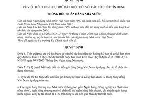 Quyết định  187/QĐ-NHNN  điều chỉnh dự trữ bắt buộc đối với các tổ chức tín dụng