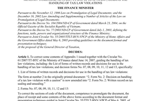 Decision No. 93/QD-BTC of January 16, 2008 on correction of appendix 1 issued together with the finance ministry’s Circular No. 61/2007/TT-BTC of June 14, 2007, guiding the handling of tax law violations