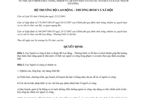 Quyết định số 146/QĐ-LĐTBXH Chức năng nhiệm vụ cơ cấu của Cục người có công