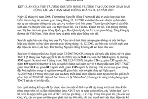 Thông báo 31/TB-BGTVT kết luận Thứ trưởng Nguyễn Hồng Trường họp giao ban công tác an toàn giao thông tháng 11, 12 năm 2007